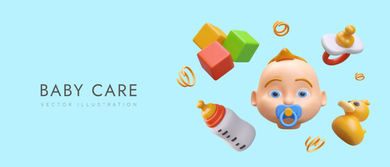 Poster in blue colors with 3d realistic toys for newborn child. Educational cubes and rubber duck. Baby bottle with milk and pacifier. Baby boy care concept. Vector illustration