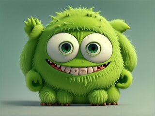 Cute green furry monster 3D cartoon character. Ai Generative