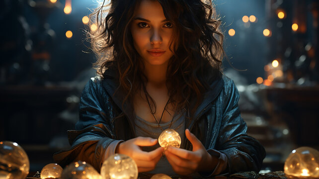 Mystical fortune teller: girl practicing magic and predictions