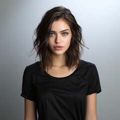 Young woman in t-shirt on white background, ai technology
