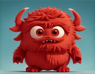Cute red furry monster 3D cartoon character. Ai Generative