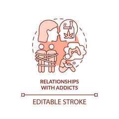 2D editable thin line icon relationships with addicts concept, monochromatic isolated vector, red illustration representing codependent relationship.