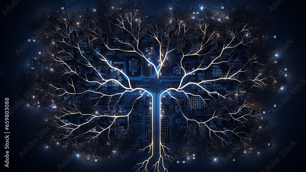 Poster background concept is artificial intelligence, a symbol of nature and growth, a tree of life and a b