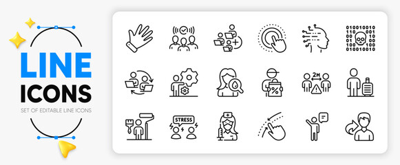 Agent, Share and Social distance line icons set for app include Job, Binary code, Click hand outline thin icon. Delivery discount, Moisturizing cream, Baggage pictogram icon. Hand. Vector