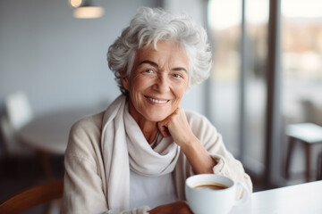 Portrait of smiling senior woman with cup of coffee looking at camera