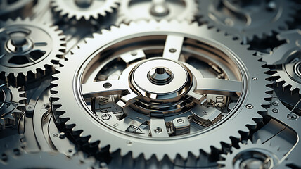 white gears, teamwork business abstract background texture a lot of gears complex mechanics mechanism work, light metal or plastic