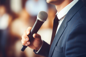 Close up of businessman holding microphone in conference hall. Business meeting concept