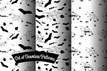 set of seamless patterns with hand drawn halloween elements