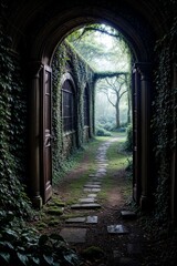Obraz premium A way to freedom. Dirt road in green meadow in open door of ancient house. Photo toned in brown color. Generative AI