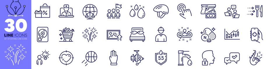 Ph neutral, Jazz and Leadership line icons pack. Food delivery, Financial diagram, Fireworks web icon. Approve, Bicycle helmet, Three fingers pictogram. Unlock system, Heart target, Tap water. Vector