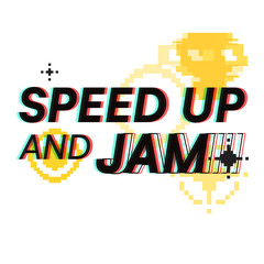 Speed Up Music Slogan Typography Logo Template, Glitched Color leak and Pixel Symbol