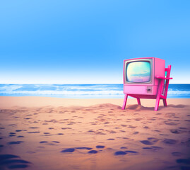 Pink TV on a sandy sea beach. Oceanfront television show in blue, yellow and pink colors. Bright card pop art cover background in the style of the popular blonde movie. Clear sky, sand, ocean shores