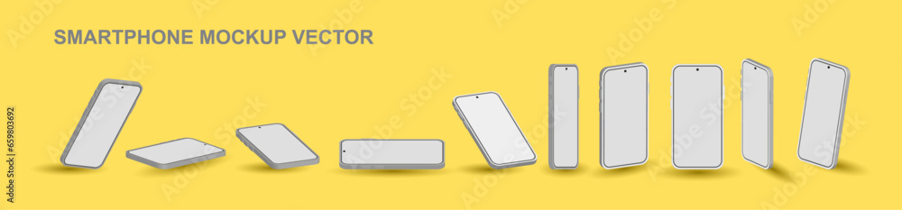 Poster smartphone mock up in different angles isolated vector. 3d perspective view mobile phone mockup with