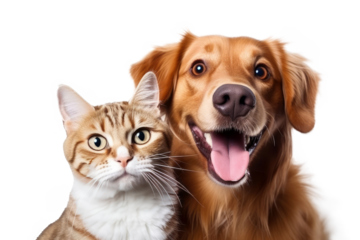 Portrait of Happy dog and cat that looking at the camera together isolated on transparent background, friendship between dog and cat, amazing friendliness of the pets.