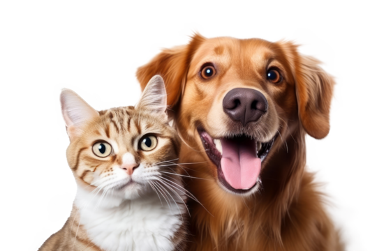 Portrait of Happy dog and cat that looking at the camera together isolated on transparent background, friendship between dog and cat, amazing friendliness of the pets.