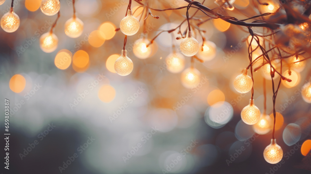 Poster christmas background with bokeh defocused lights and branches of tree