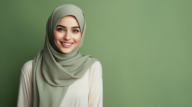 A smiling woman muslim wearing sage green hijab with copy space