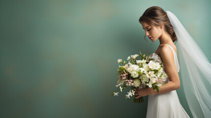 A woman holding a bouquet wearing a wedding dress with sage green background with copy space