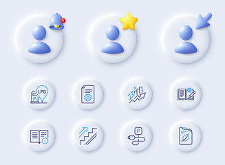 Naklejka premium Technical info, Canister and Consumption growth line icons. Placeholder with 3d cursor, bell, star. Pack of Stairs, Charging parking, Technical documentation icon. Vector