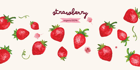 Juicy strawberry watercolor design square frame. Bright red berries cute strawberry. Summer botanical illustration. For packages, cards, logo. Summer sweet d bright and berries. Isolated on beige.