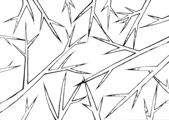 Stylized tree branches are drawn with a black outline on a white background. Straight lines tapering to the end. Triangular. Decor of diagonal stripes and dots. Line art. Doodle.