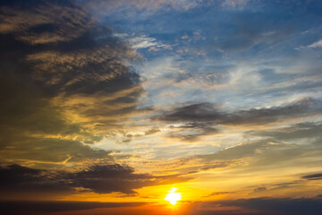 sunset sky with multicolor clouds. Dramatic twilight sky background
