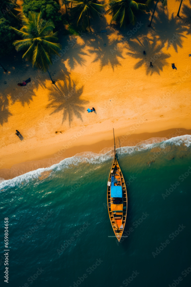 Wall mural Boat is floating on the water near beach with palm trees.