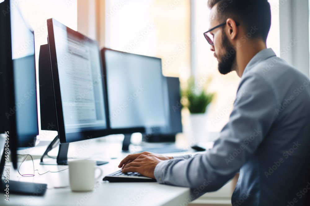 Poster businessman working on computer in office. side view of young man in eyeglasses using computer while