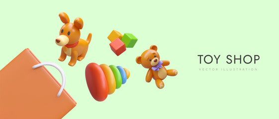 Colorful poster with toy collection and green background. Shopping bag, dog and teddy bear soft toy, educational pyramid with colorful rings and cubes. Vector illustration