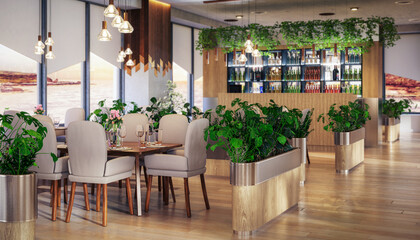 Modern Restaurant in Sustainable Interior Design - 3D Visualization (depht of field)