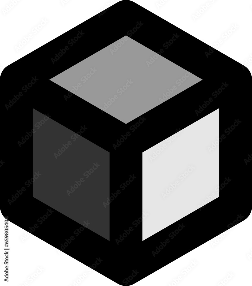 Poster basic geometry greyscale monochrome wireframe thick edge solid box cube icon in 3d perspective view.