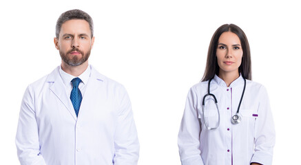 Fototapeta premium professional therapist in hospital with intern. Medicine concept. stethoscope check up. Doctor in white coat with stethoscope. nurse and doctor with stethoscope in medical clinic