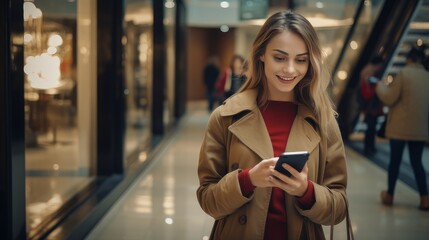 A happy and cheerful girl pays in a shopping center, with a mobile phone, through an application on the day of the Black Friday sale.