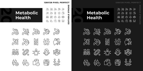 2D pixel perfect light and dark icons pack representing metabolic health, editable thin line illustration.