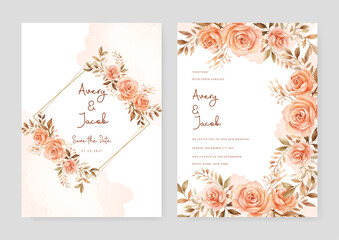 Fototapeta na wymiar Orange rose luxury wedding invitation with golden line art flower and botanical leaves, shapes, watercolor