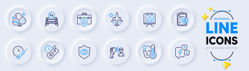 Fototapeta na wymiar Manganese mineral, Medical flight and Vision board line icons for web app. Pack of Stress, Eu close borders, Medical insurance pictogram icons. Vaccination schedule. Neumorphic buttons. Vector