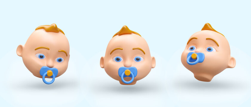 3d realistic baby head in different positions. Model of little boy with pacifier. 3d object children concept. Vector illustration with gray background in blue colors