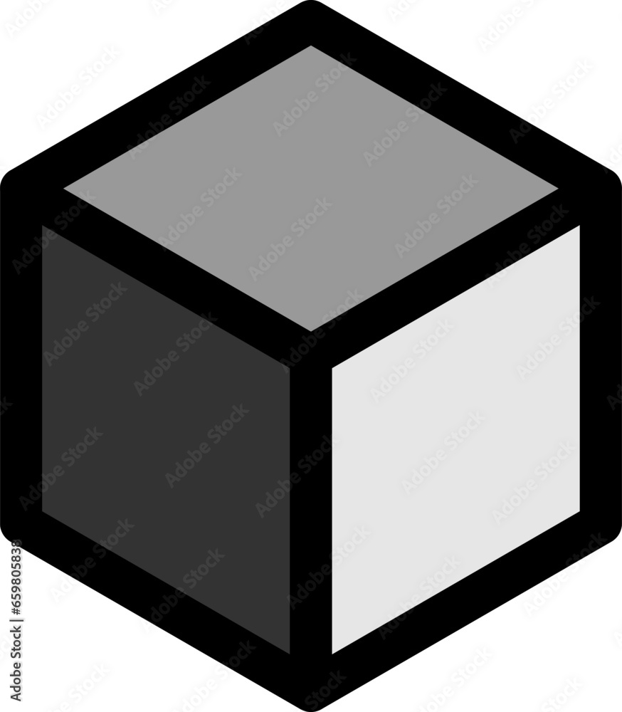 Poster basic geometry greyscale monochrome wireframe thick edge solid box cube icon in 3d perspective view.