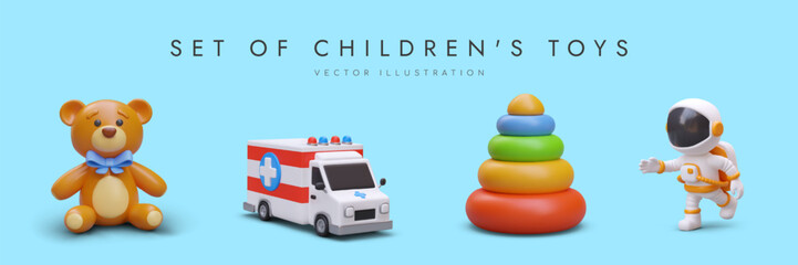 Set with toys for children on blue background. Cute soft teddy bear, ambulance, educational pyramid with colorful rings, astronaut and ambulance car. Vector illustration