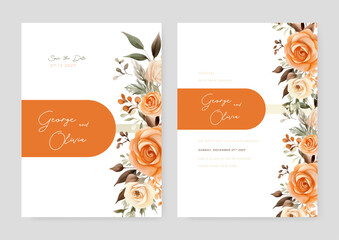 Orange and beige rose luxury wedding invitation with golden line art flower and botanical leaves, shapes, watercolor