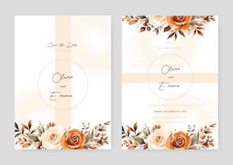 Orange and beige rose modern wedding invitation template with floral and flower