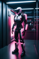 Cyberpunk robot, neon, background cyberpunk. A robot, warior with armour and weapon. Wars in space. Humanoid. Digital art, Fantasy art,