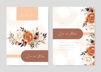 Orange and beige rose beautiful wedding invitation card template set with flowers and floral