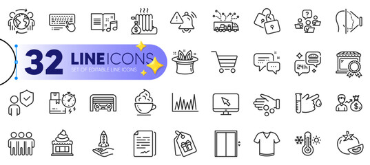 Outline set of Coffee cup, Truck delivery and Parking garage line icons for web with Teamwork question, Locks, Internet thin icon. Food delivery, Employees messenger, Ice cream pictogram icon. Vector