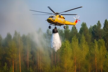 Helicopter drop water. Nature danger burn. Generate Ai