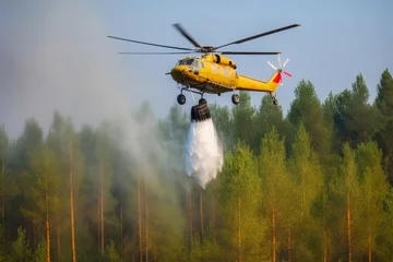 Zelfklevend Fotobehang Helicopter drop water. Nature danger burn. Generate Ai © nsit0108