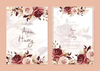 Beige and red rose vector wedding invitation card set template with flowers and leaves watercolor