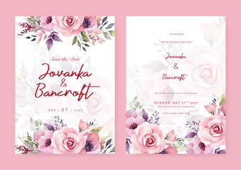 Pink rose and poppy set of wedding invitation template with shapes and flower floral border
