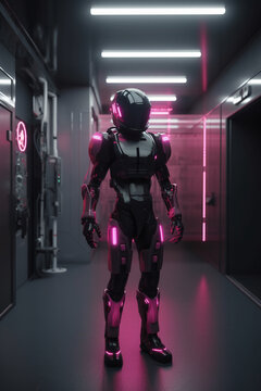 Futuristic robot illustration. Cyborg. Powerful hero. Robot transformers, robotics and artificial intelligence technologies cyborgs, military combat exoskeleton characters, battle alien cybernetic war