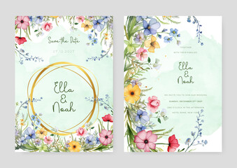 Colorful colourful poppy elegant wedding invitation card template with watercolor floral and leaves